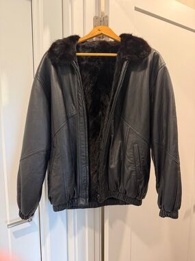Woman’s Black Leather Bomber Jacket with Fur Collar